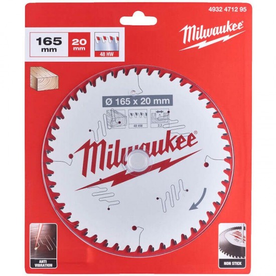 Milwaukee 165mm x 20mm x 48T Circular Saw Blade with Anti-Friction Coating