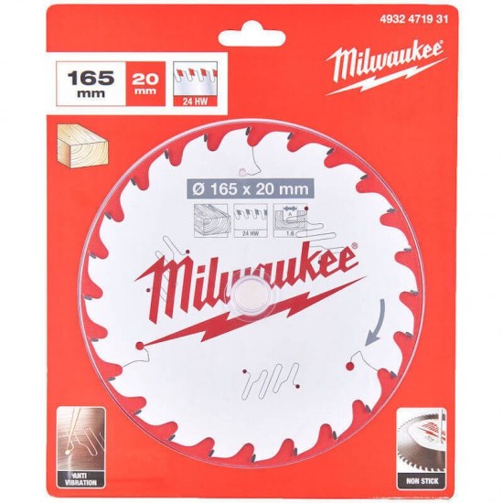 Milwaukee 165mm x 20mm x 24T Circular Saw Blade with Anti-Friction Coating