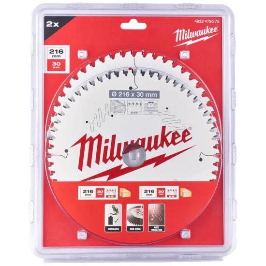 Milwaukee 216mm Circular Saw Blade with Anti-Friction Coating Twin Pack
